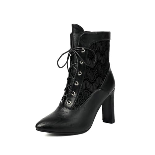 JIFAENY Damens Kurzstiefel mit Spitzenapplikation Spitze Kappe Blockabsatz Vordere Schnürung Knöchelhohe Stiefel Herbst/Winter Stiefeletten 2025 (schwarz,42) von JIFAENY