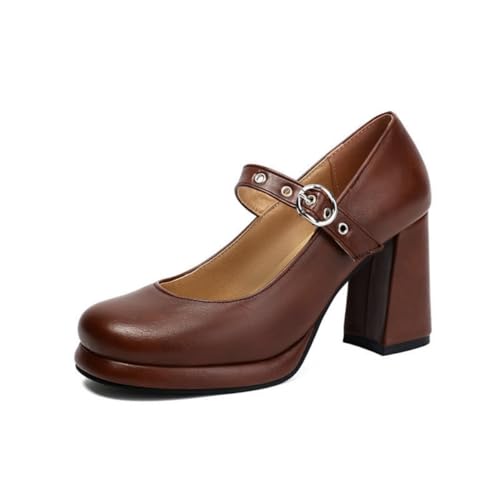 JIFAENY Damens Mary Jane Schuhe Französisches Retro Design 2025 Schwarz Braun Quadratische Spitze Einfachriemen Blockabsatz Flachschuhe Bequeme Ballerinas Elegante Büroschuhe (Braun,43) von JIFAENY