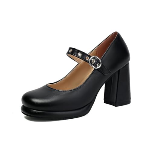 JIFAENY Damens Mary Jane Schuhe Französisches Retro Design 2025 Schwarz Braun Quadratische Spitze Einfachriemen Blockabsatz Flachschuhe Bequeme Ballerinas Elegante Büroschuhe (schwarz,36) von JIFAENY