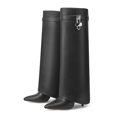 JIFAENY Damens Overknee Stiefel 2025 im modernen europäischen Stil Schwarz Spitze Schnürstiefel mit Gürtelverschluss Blockabsatz Elegante hohe Stiefel (schwarz,41) von JIFAENY