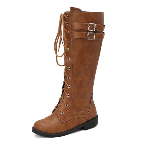 JIFAENY Damens Reiterstiefel Overknee mit Rundkappe Dicke Sohle Blockabsatz Front Schnürung Gürtelschnalle Elegante Langstiefel Winterstiefel 2025 Bequem Stilvoll (Braun,39) von JIFAENY
