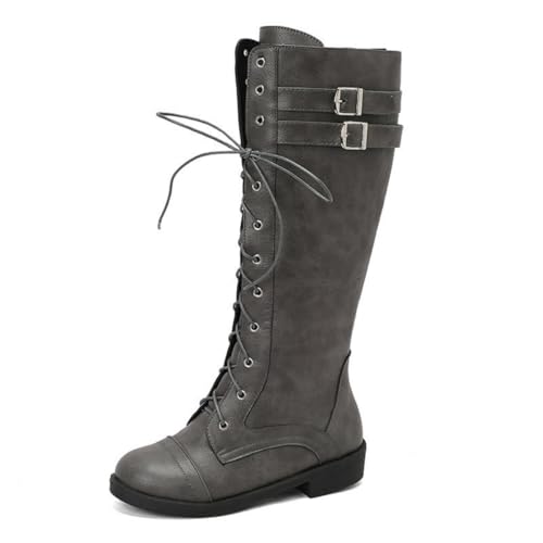 JIFAENY Damens Reiterstiefel Overknee mit Rundkappe Dicke Sohle Blockabsatz Front Schnürung Gürtelschnalle Elegante Langstiefel Winterstiefel 2025 Bequem Stilvoll (Grau,43) von JIFAENY
