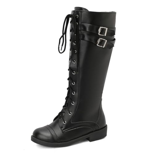 JIFAENY Damens Reiterstiefel Overknee mit Rundkappe Dicke Sohle Blockabsatz Front Schnürung Gürtelschnalle Elegante Langstiefel Winterstiefel 2025 Bequem Stilvoll (schwarz,37) von JIFAENY