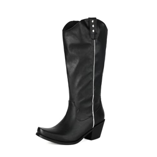 JIFAENY Damens Reiterstiefel mit eckiger Spitze Dicke Plateau-Sohle Blockabsatz Britischer Retro-Stil Schlupfdesign Knielange Stiefel (schwarz,40) von JIFAENY