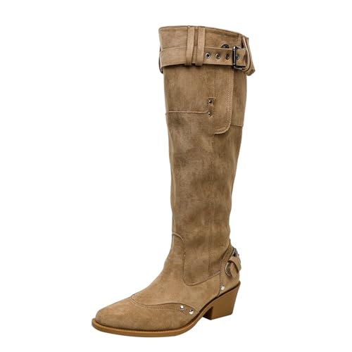 JIFAENY Damens Stiefeletten Retro Design 2025 Kurze Stiefel mit Blockabsatz Khaki Spitze Chelsea Boots Stapelbare Stiefelten für Damen (Aprikosen-Breiten,36) von JIFAENY