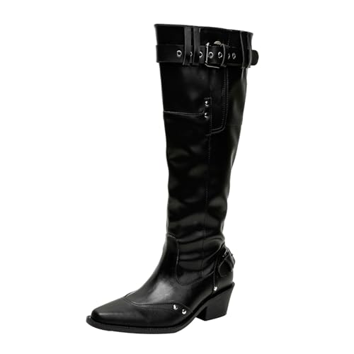 JIFAENY Damens Stiefeletten Retro Design 2025 Kurze Stiefel mit Blockabsatz Khaki Spitze Chelsea Boots Stapelbare Stiefelten für Damen (Schwarz Breiten,38) von JIFAENY