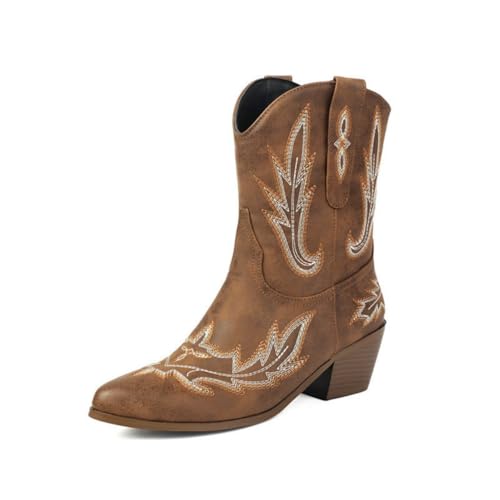 JIFAENY Damens Western Boots Kurzschaft Herbst Winter Vintage Stickerei Chelsea Boots Schlupfdesign Reiterstiefel Mittelschaft (Braun,41) von JIFAENY