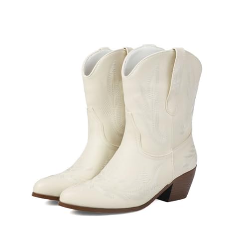 JIFAENY Damens Western Boots Kurzschaft Herbst Winter Vintage Stickerei Chelsea Boots Schlupfdesign Reiterstiefel Mittelschaft (weiß,36) von JIFAENY