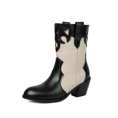 JIFAENY Damens Western Boots Kurzschaft Rundkappe Blockabsatz Ausschnitt Zweifarbig Schlupfdesign Reiterstiefel für Herbst/Winter 2025 (schwarz,35) von JIFAENY