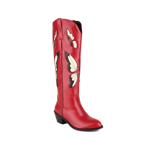 JIFAENY Damens Western Stiefel 2025 mit Schmetterlingsstickerei Reiterstiefel Chelsea Boots Langschaft Plateau Absatz Höhere Innensohle Damen Langstiefel (rot,41) von JIFAENY