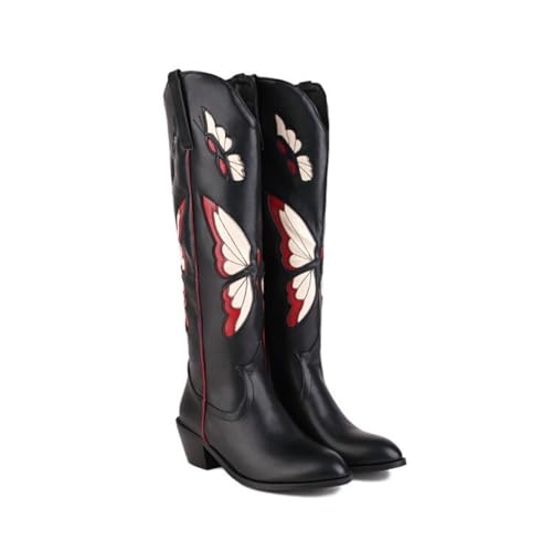JIFAENY Damens Western Stiefel 2025 mit Schmetterlingsstickerei Reiterstiefel Chelsea Boots Langschaft Plateau Absatz Höhere Innensohle Damen Langstiefel (schwarz rot,38) von JIFAENY