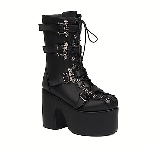 JIFAENY Frauen Mid Calf Botas Schnalle Design Marke Dupe Schwarz Mattes Leder Cosplay Puppe Schuhe Punk Gothic Chunky Plateau Stiefel weiß,EU 43 von JIFAENY