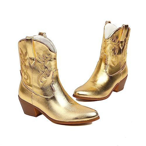 JIFAENY Herbst Winter Western Mittelstiefel für Damen klobige Absätze Vintage Cowgirl Cowboystiefel Retro Schuhe für Damen Gold 36 von JIFAENY