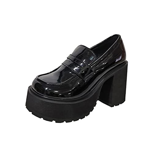 JIFAENY Japanische Lolita Chunky Platform Loafers mit Absatz aus Lackleder Slip-On Freizeitschuhe für Frauen Büroschuhe Schwarze Absätze-schwarz,35 von JIFAENY