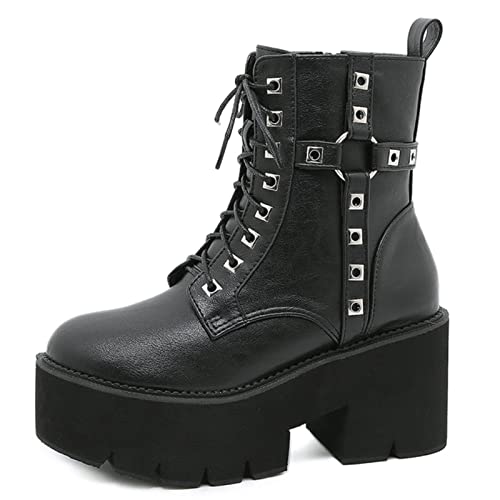 JIFAENY Mode Nietenschwarze Stiefel mit klobigem Absatz für Frauen, Herbstschnürung und Reißverschluss, Damen-Kampfstiefel, Plateau-Absätze im Gothic-Stil der 420er Jahre-schwarz,38 von JIFAENY