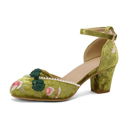 JIFAENY Obermaterial aus mattiertem Samt, eingelegte Perlenschnurkanten, bestickte Blumen, ausgehöhlte Schuhe, Fliege, Aufkleber, chinesischer Ethno-Schuh-Grün-35 von JIFAENY