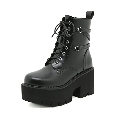 JIFAENY Platform Goth Chunk Heels Black Leather Zipper Combat Boots Lace Up Shoes-black,EU 38 von JIFAENY