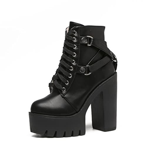 JIFAENY Schwarze Stiefel für Damen mit Absatz Frühling Herbst Schnürung Weiche Leder Plateauschuhe Frau Party Knöchelstiefel High Heels Punk - Schwarze Schuhe,39 von JIFAENY