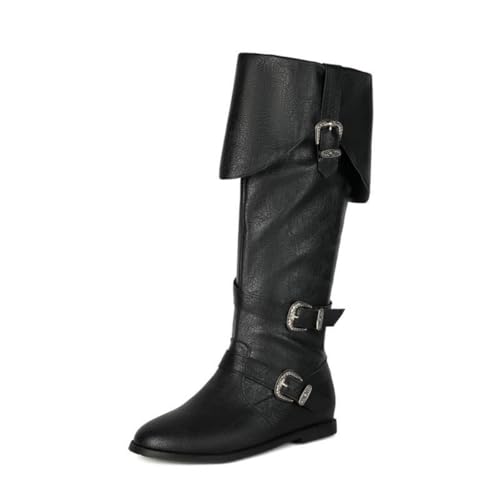 JIFAENY Unisex Retro Reiterstiefel Britischer Stil Overknee Stiefel mit Gürtelschnalle Flache Sohle Umschlagbarer Schaft Klassische Langstiefel (schwarz,38) von JIFAENY
