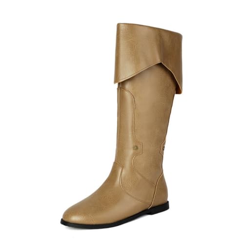 JIFAENY Unisex Retro Reiterstiefel im britischen Stil Overknee Design mit umschlagbarem Schaft Flache Sohle Gürtelschnallen-Details Hochwertige Langstiefel für Damen & Herren (Khaki,40) von JIFAENY