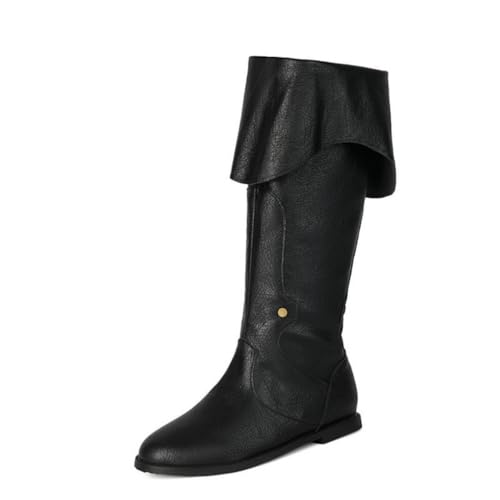 JIFAENY Unisex Retro Reiterstiefel im britischen Stil Overknee Design mit umschlagbarem Schaft Flache Sohle Gürtelschnallen-Details Hochwertige Langstiefel für Damen & Herren (schwarz,40) von JIFAENY