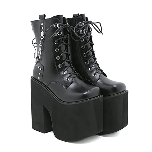 JIFAENY Women Goth Punk Chunky Heels Combat Boots Lace Up Patent Vegan Platform Boots-black shoes,EU 43 von JIFAENY