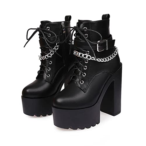 JIFAENY Women Gothic Buckle Strap Ankle Boots Leather Platform Block Chunky Heels Chain Motorcycle Boots-Black,EU 37 von JIFAENY