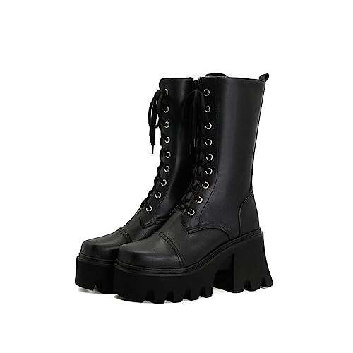 JIFAENY Persönlichkeit Britischer Stil Dicke Sohle Stiefel Große Schnür Plateaustiefel Für Frauen Leder PU Blockabsatz Winterschuhe Schwarz,39 von JIFAENY