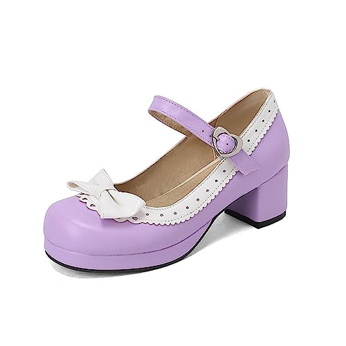 Pu Schmetterling Knoten Pumpen Mary Janes dicken Schuhe mit hohen Absätzen gemischte Farben Damen Plateau Kleid Schuhe, Lila, 41 EU von JIFAENY