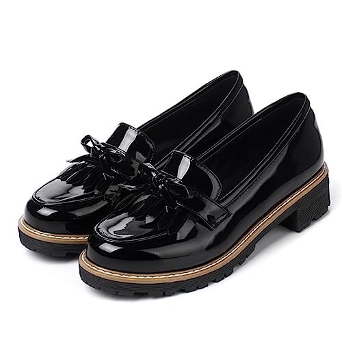 Women's Black Patent Leather Loafers Platform Slip on Shoes Spring British Tassel Casual Bowknot Flats Shoes-Black,39 von JIFAENY