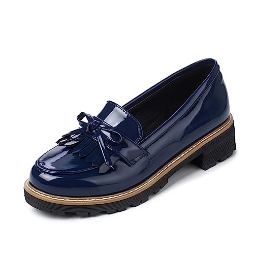 Women's Black Patent Leather Loafers Platform Slip on Shoes Spring British Tassel Casual Bowknot Flats Shoes-Blue,38 von JIFAENY