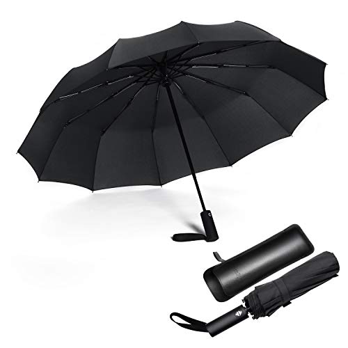 JIGUOOR Regenschirm Winddicht Reise Kompakt Regenschirm, 12 Ribs Starke Falten Regenschirm Automatische große Regenschirme, Wind beständiger Regenschirm mit Ledertasche_Schwarz von JIGUOOR