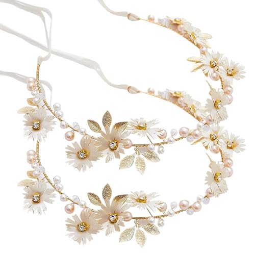 JIHUOO 2 Stück Gänseblümchen Perlen Blume Ranke Stirnband Kristall Blatt Haar Weinrebe Hochzeit Haarkranz Festival Haargirlande Floral Braut Kopfschmuck Braut Haarschmuck für Frauen Mädchen von JIHUOO