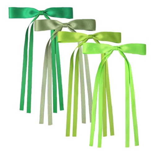 JIHUOO Bunte Satin-Haarschleifen mit langem Schwanz, Quaste, seidige Haarschleife, Haarspangen, Haarspangen, Pferdeschwanz-Halter, Haarschmuck für Damen und Mädchen, Grün, 4 Stück von JIHUOO