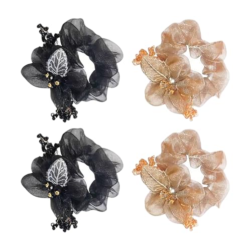 JIHUOO Elastische Haargummis mit Blumenblättern, Kristallperlen, Pferdeschwanz-Halter, Strass, modische Haargummis, elegante Haarseile, elastisch, dehnbar, Haarschmuck für Frauen und Mädchen, 4 Stück von JIHUOO