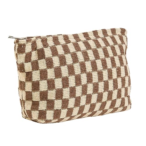 JIHUOO Karierte Kosmetiktasche, kariert, Make-up-Tasche, ästhetische Make-up-Tasche, große Kapazität, Make-up-Pinsel, Aufbewahrungstasche, Reise-Kulturbeutel, Organizer für Frauen und Mädchen, braun, von JIHUOO