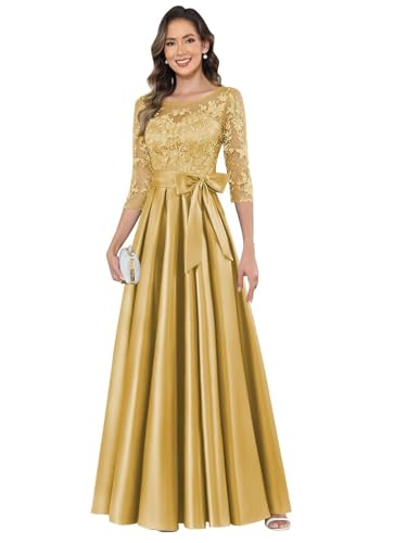 Abendkleid Große Größen,Damen Satin Brautmutterkleider Lang Spitze Abendkleider A-Linie Festliche Falten Mutter Der Brautkleider Gold 40 von JIIL