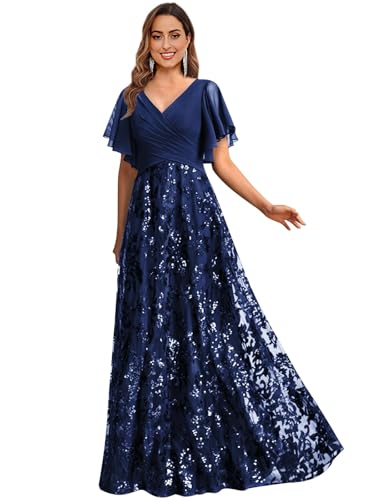 Abendkleider,Damen Abendkleid Lang Pailletten Spitzen Brautmutterkleid V-Ausschnitt Chiffon Kleider A-Linie Festliche Marineblau 54 von JIIL