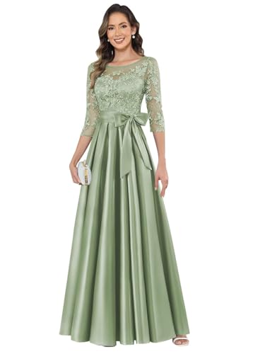 Abendkleider Elegant Für Hochzeit,Damen Satin Brautmutterkleider Lang Spitze Abendkleider A-Linie Festliche Falten Mutter Der Brautkleider Salbei Grün 48 von JIIL