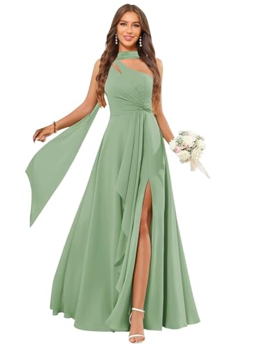 Ballkleider Damen Lang,Damen Brautjungfernkleider Lang Schal Eine Schulter Pleated A-Line Hochzeit Festlich Ballkleider Partykleid Mit Schlitz Salbei Grün 36 von JIIL