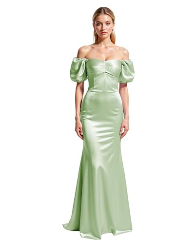 Cocktailkleid Damen Hochzeitsgast,Damen Off Shoulder Meerjungfrau Lang Abendkleider - Satin Falten Brautjungfernkleider A-Line Hochzeit Prinzessin Ballkleider Salbei Grün C 44 von JIIL