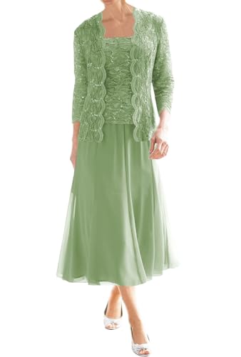 JIIL Spitzen Teelange Brautmutterkleider mit Jacke Damen 2 teilig Chiffon Elegant Abendkleider mit Ärmel Grasgrün 46 von JIIL