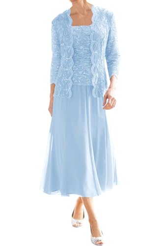 JIIL 2 Teilig Brautmutter Kleider - Elegant Spitze Abendkleid mit Ärmel Formell Lang Festkleid für Frauen Himmelblau 38 von JIIL
