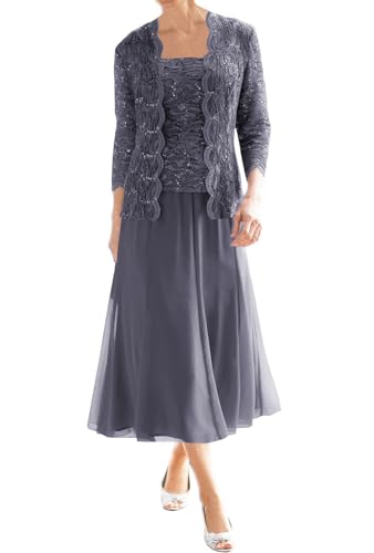 JIIL 2 Teilig Mutter der Braut Kleid - Teelange Hochzeitsgast Kleid mit Jacke Große Größen für Mollige Stürmisch blau 48 von JIIL