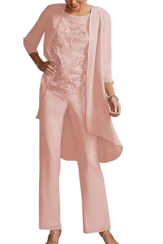 JIIL 3 Stück Chiffon Hosenanzug Damen - Festliche Outfit Set mit Jacke für Brautmutter Spitze Hosenanzüg Altrosa 50 von JIIL