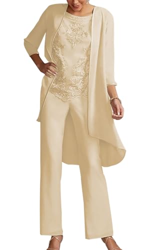 JIIL 3 Stück Chiffon Hosenanzug Damen - Festliche Outfit Set mit Jacke für Brautmutter Spitze Hosenanzüg Champagner 50 von JIIL