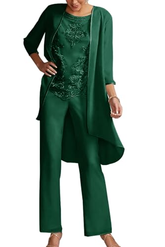 JIIL 3 Stück Chiffon Hosenanzug Damen - Festliche Outfit Set mit Jacke für Brautmutter Spitze Hosenanzüg Dunkelgrün 36 von JIIL
