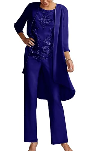 JIIL 3 Stück Chiffon Hosenanzug Damen - Festliche Outfit Set mit Jacke für Brautmutter Spitze Hosenanzüg Königsblau 50 von JIIL