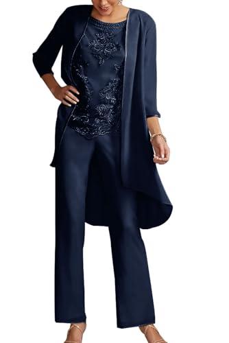 JIIL 3 Stück Chiffon Hosenanzug Damen - Festliche Outfit Set mit Jacke für Brautmutter Spitze Hosenanzüg Navy blau 50 von JIIL