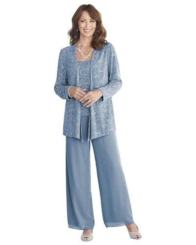 JIIL 3 Stück Mutter der Braut Hosenanzüge für Hochzeit Chiffon Pailletten Hosen Anzüge für Frauen Kleid mit Jacke Staubiges Blau 50 von JIIL